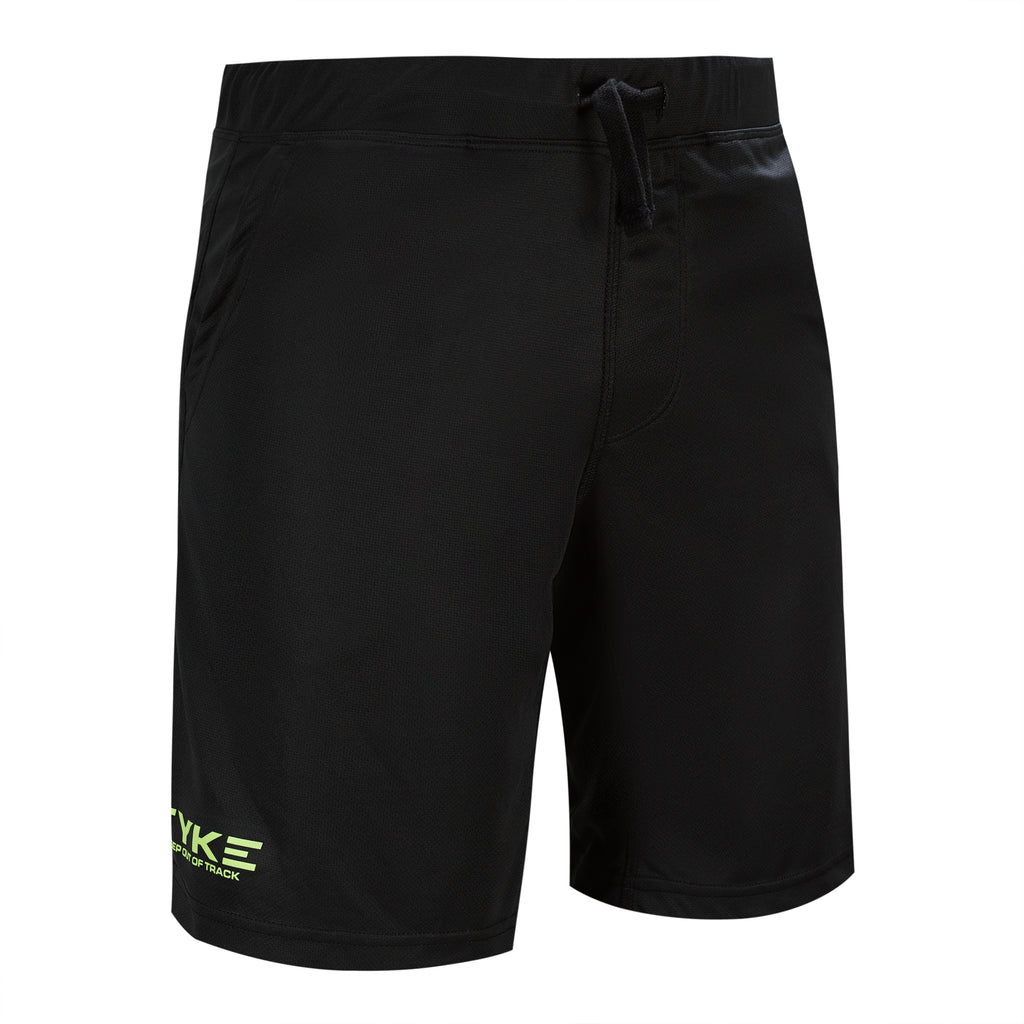 Front of Boost Unisex Shorts - Black casual training shorts with fluorescent yellow Fyke logo