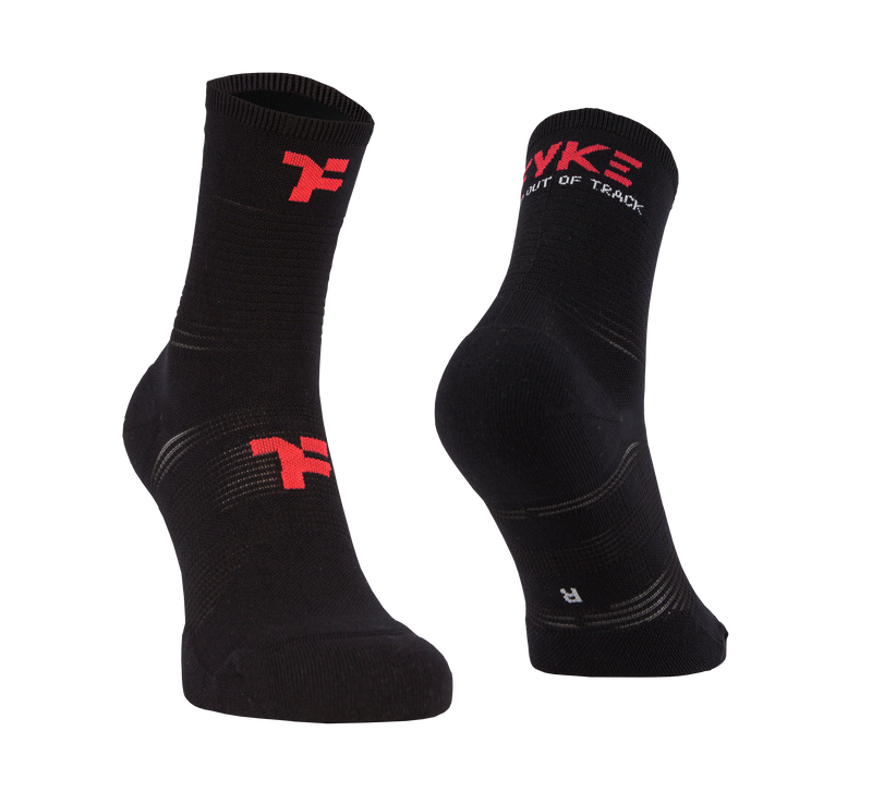 Mid socks in black color with Fyke branding and left and right foot indication