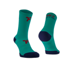 Chaussettes intermédiaires de couleur turquoise avec la marque Fyke et l'indication du pied gauche et du pied droit