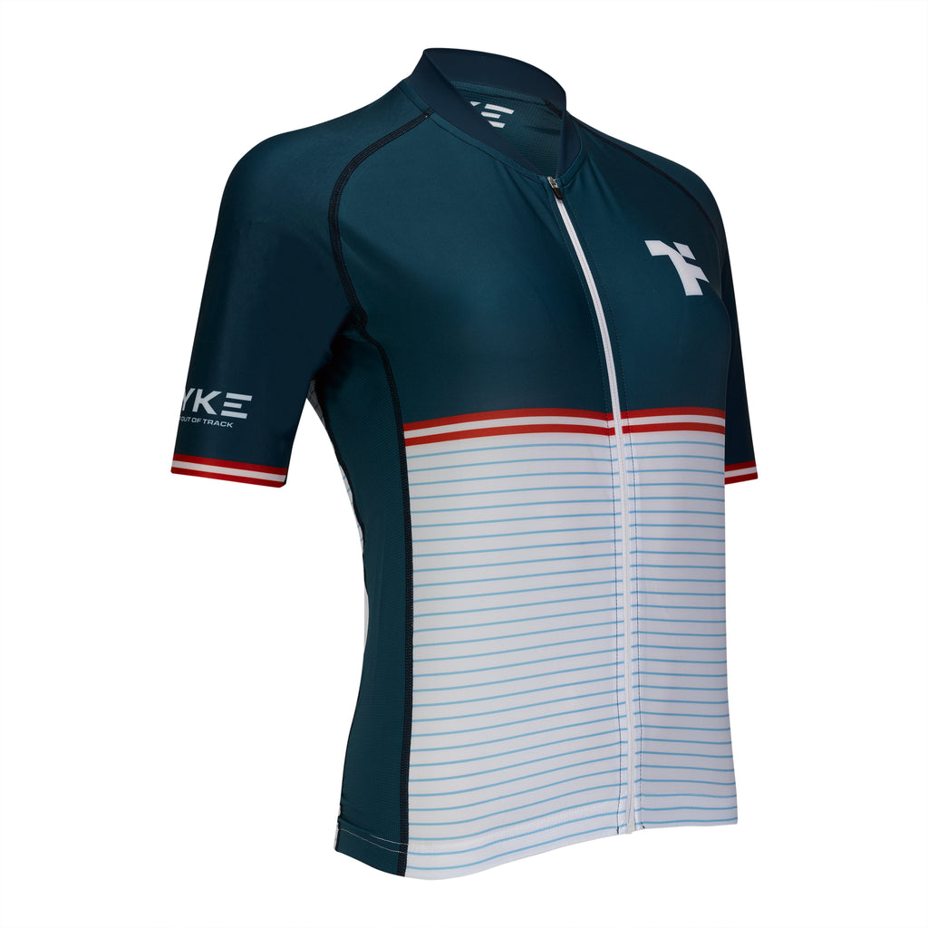 Boost Cycling SS Shirt Woman: Frente da camisola de ciclismo azul-marinho, branca e red para mulher