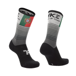 Mid socks in black gradient color with portuguese flag vertically and left and right foot indication