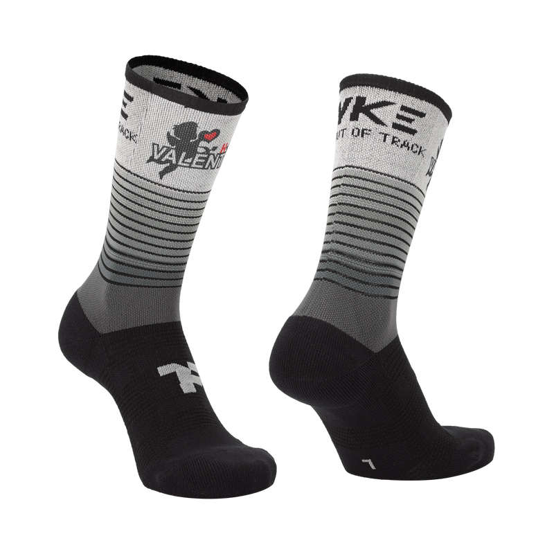 Mid socks in black gradient color with cupid design (Happy Valentine's Day) and left and right foot indication