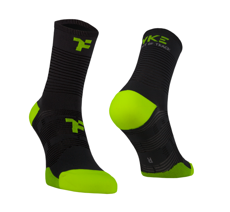 Mid socks in grey color with Fyke branding and left and right foot indication