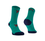 Mid socks in turquoise color with Fyke branding and left and right foot indication