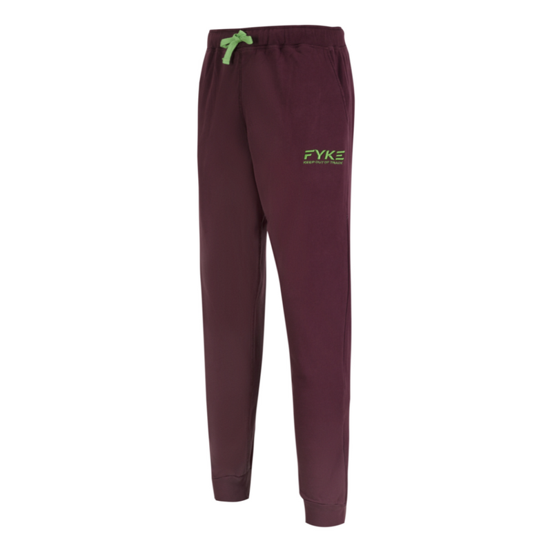 Lifestyle Unisex Pants - Burgundy Track Pants with the Fyke logo in Green